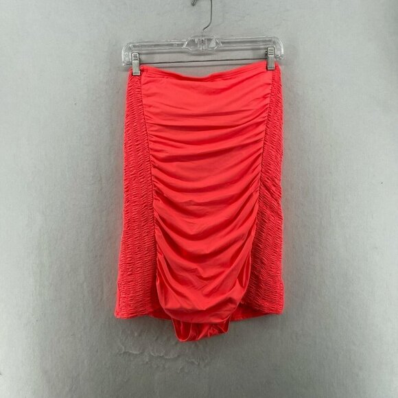DKNY Swimsuit Women Small Neon Orange One Piece Ruched Strapless Pull On Stretch - Picture 1 of 11